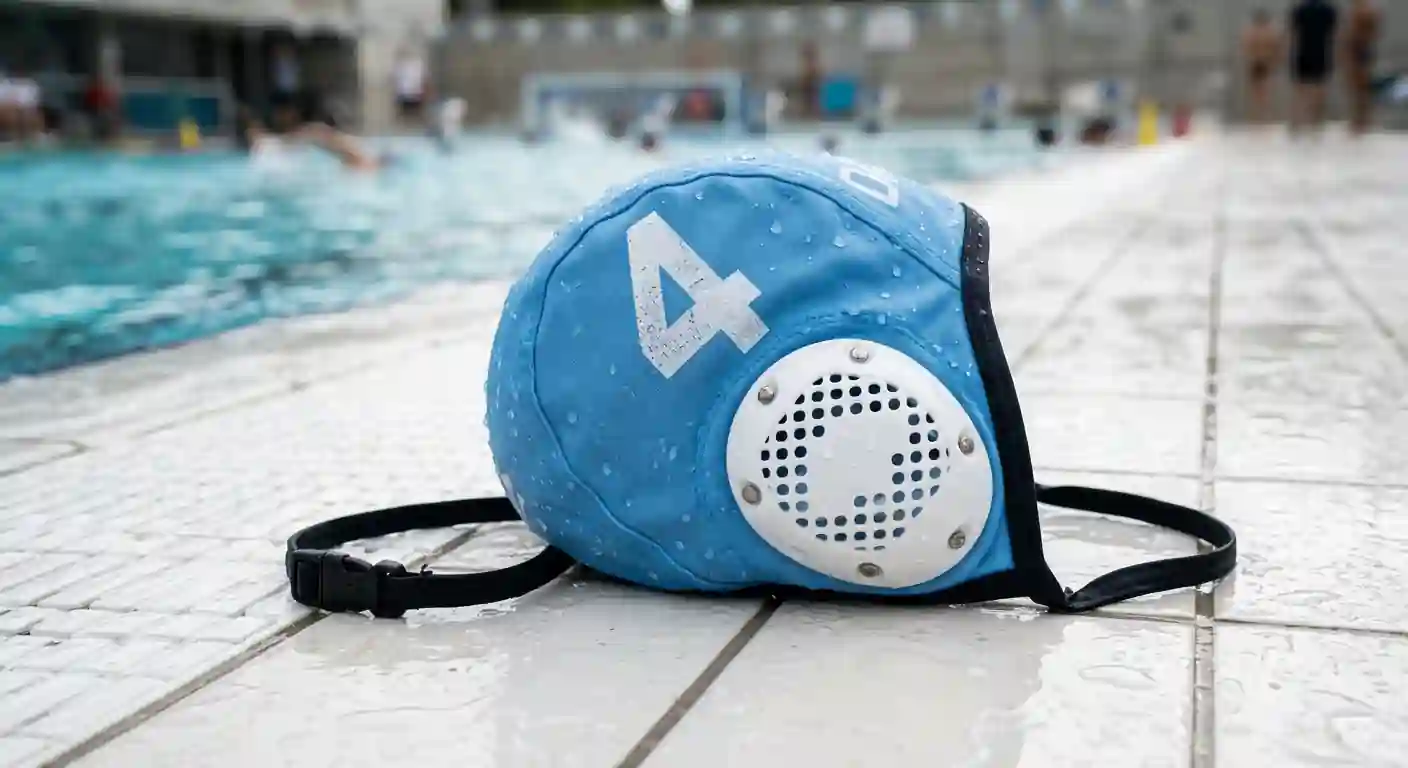 Primo piano di una calotta da pallanuoto con numero e protezioni rigide per le orecchie