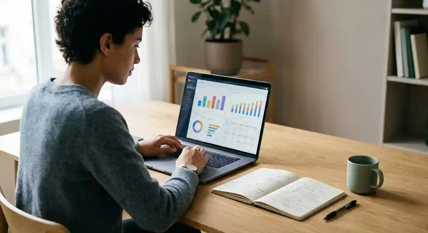 Analista confronta palinsesti pallanuoto su laptop con quaderno di appunti
