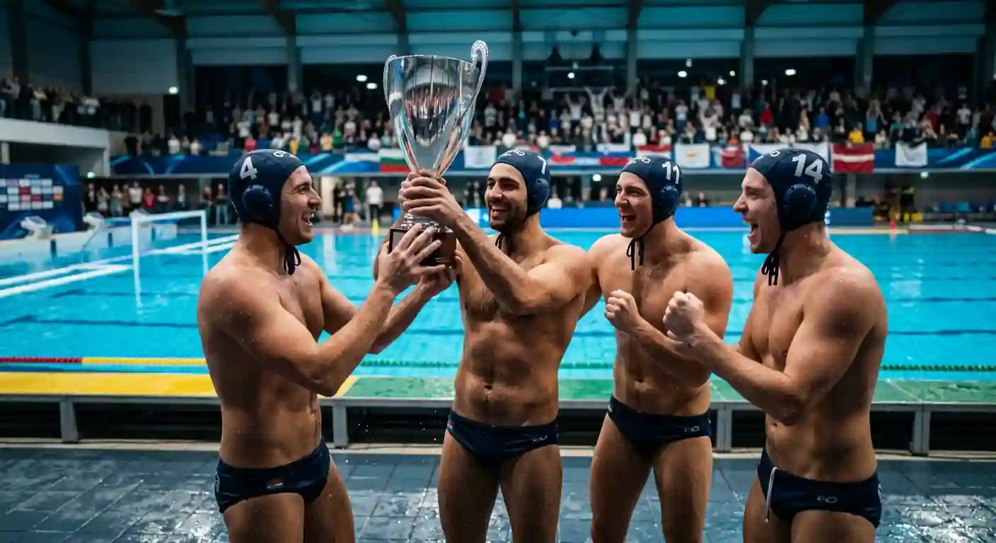 Squadra di pallanuoto solleva il trofeo dopo la vittoria in un torneo continentale